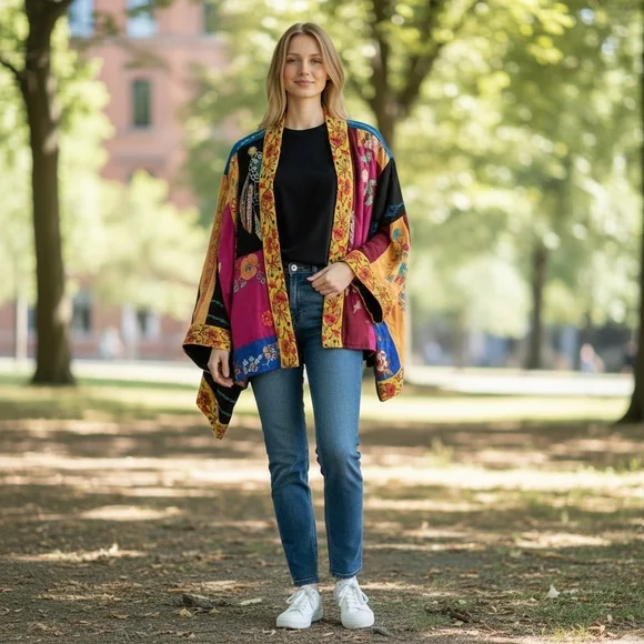 Johnny Was Floral Embroidered Silk Open Front Kimono Cardigan - Picture 2 of 16